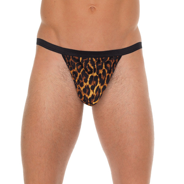 Mens Black GString With Leopard Print Pouch - Eroticon Ltd