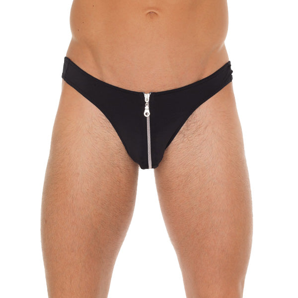 Mens Black GString With Zipper On Pouch - Eroticon Ltd