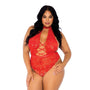 Leg Avenue Floral Lace Crotchless Teddy Red UK 18 to 22 - Eroticon Ltd