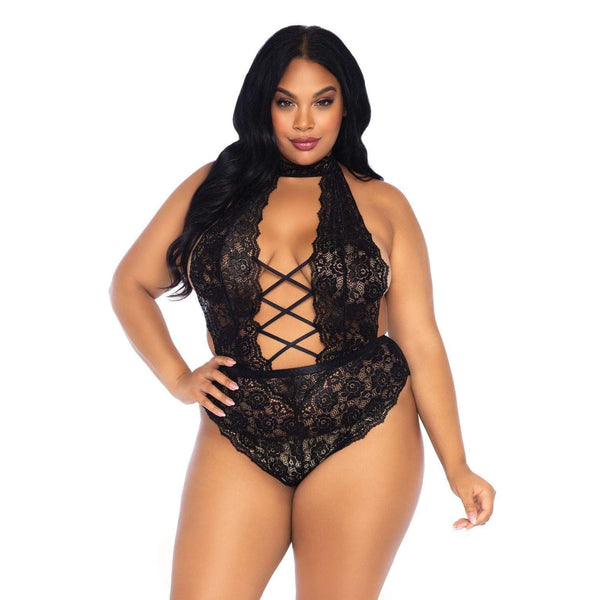 Leg Avenue Floral Lace Crotchless Teddy Black UK 18 to 22 - Eroticon Ltd