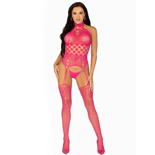 Leg Avenue High Neck Halter Net And Lace Suspender UK 6 to 12 - Eroticon Ltd