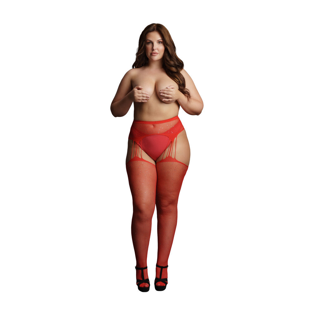 Le Desir Suspender Rhinestone Pantyhose Red UK 14 to 20 - Eroticon Ltd