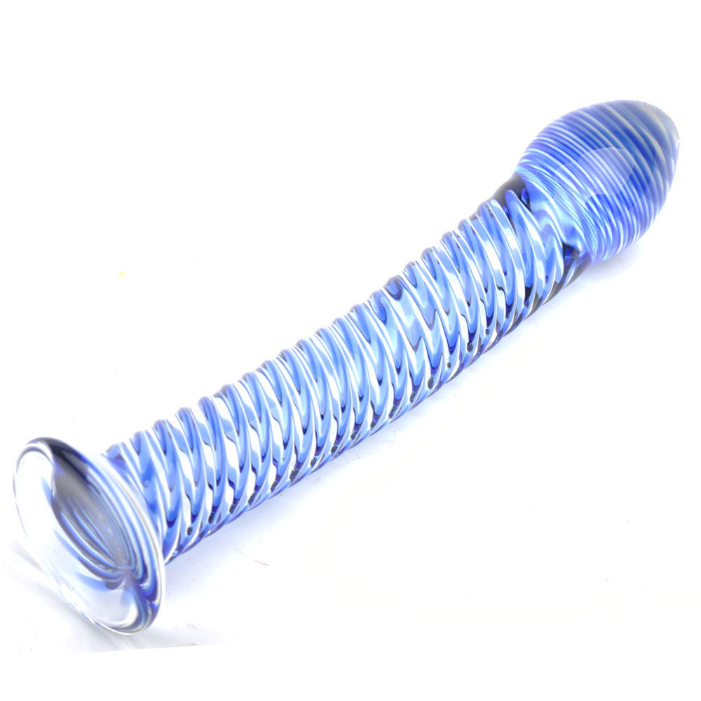 Glass Dildo With Blue Spiral Design - Eroticon Ltd