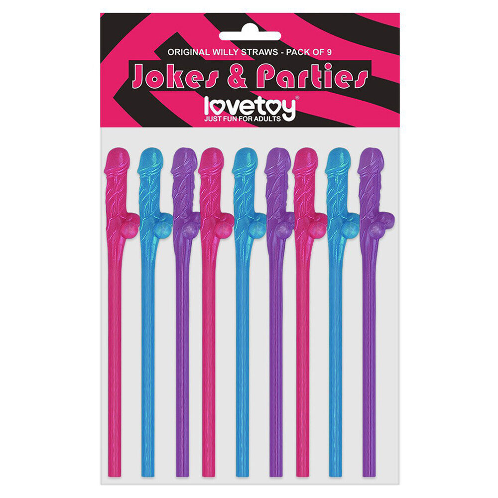 Lovetoy Pack Of 9 Willy Straws Blue Pink And Purple - Eroticon Ltd