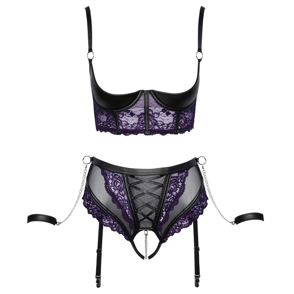 Cottelli Quarter Cup Bra, Suspender Briefs And 2 Handcuffs - Eroticon Ltd