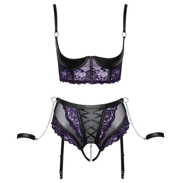 Cottelli Quarter Cup Bra, Suspender Briefs And 2 Handcuffs - Eroticon Ltd